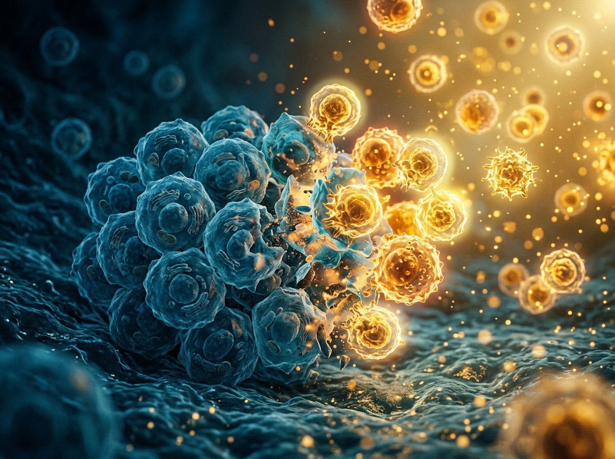 Cinematic illustration of warm gold immune cells converging on cold blue tumor cells, depicting the cold-to-hot tumor microenvironment transition.