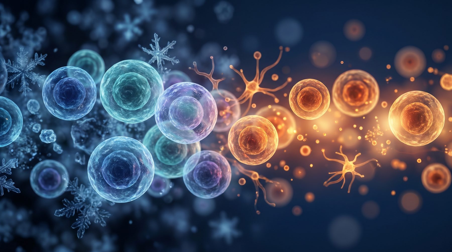 Abstract scientific imagery transitioning from cool blue cellular forms on the left to warm amber on the right, representing the conversion of immunologically cold tumors to hot.