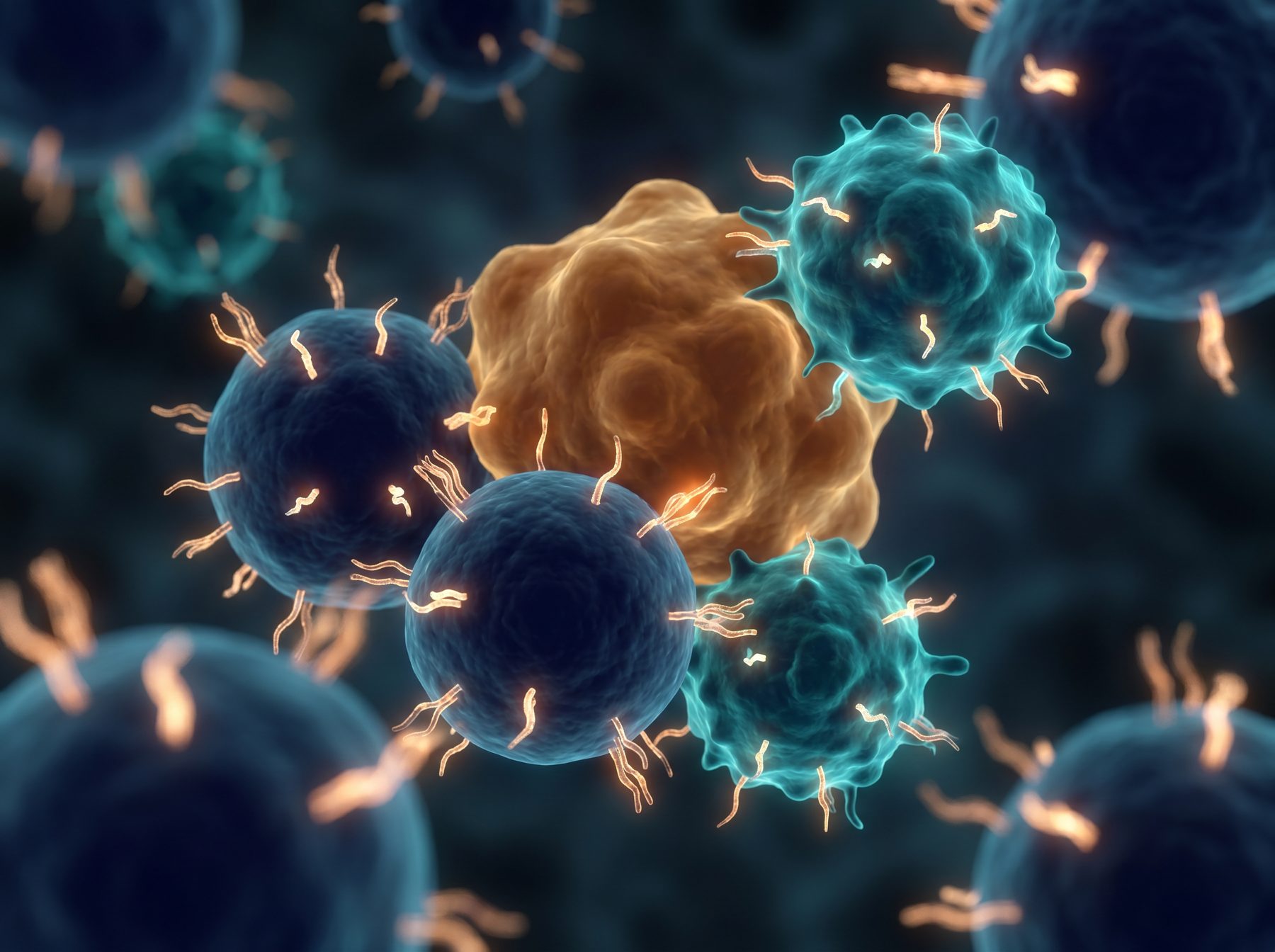Abstract scientific illustration of immune cells engaging a tumor with illuminated PD-L1 receptors against a deep navy background.